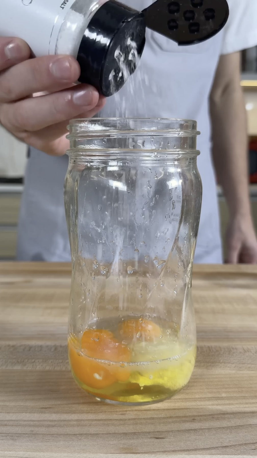 Osmo Flakey White Sea Salt is clearly visible beside the eggs, lemon, Dijon mustard and blending jar in Nick’s ingredient setup.