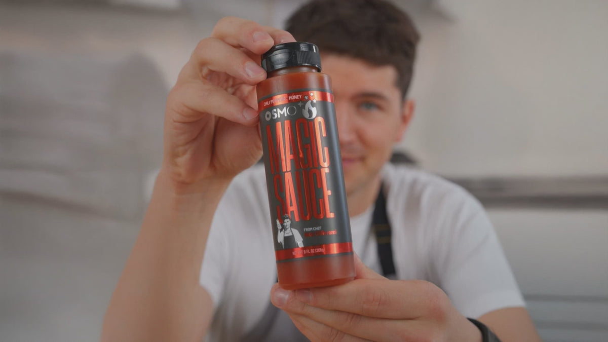 Magic Sauce: Nick with the bottle, chili peppers bursting and the sauce pouring